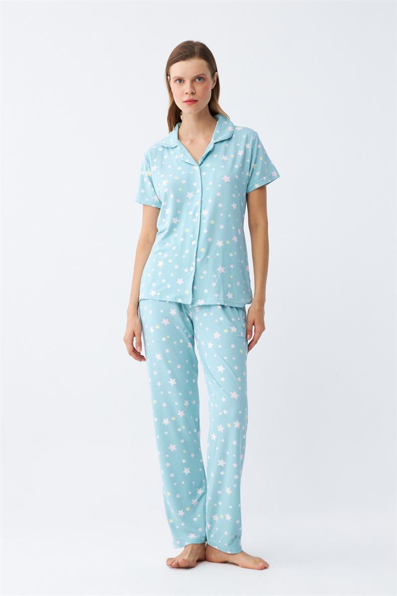 Akbeniz Kadın Buz Mavisi Yıldız Desenli Önden Düğmeli Pijama Takımı