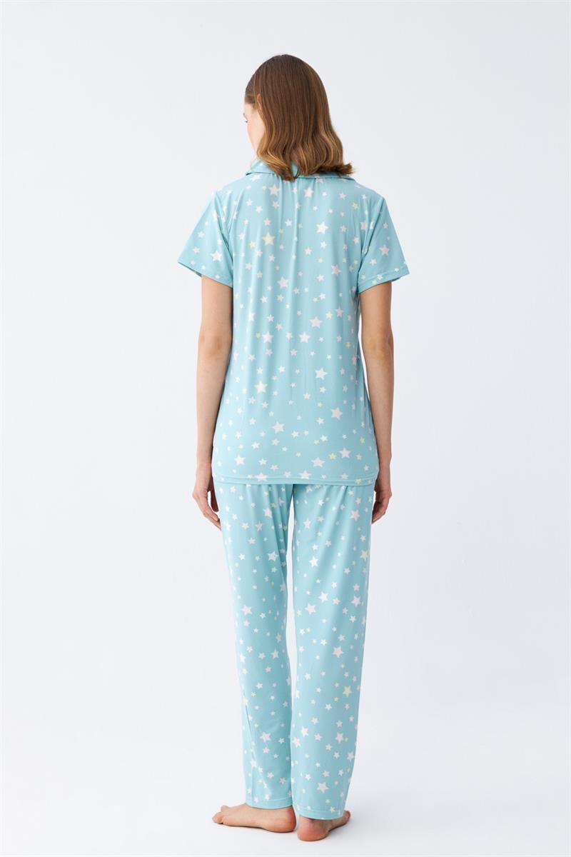 Akbeniz Kadın Buz Mavisi Yıldız Desenli Önden Düğmeli Pijama Takımı