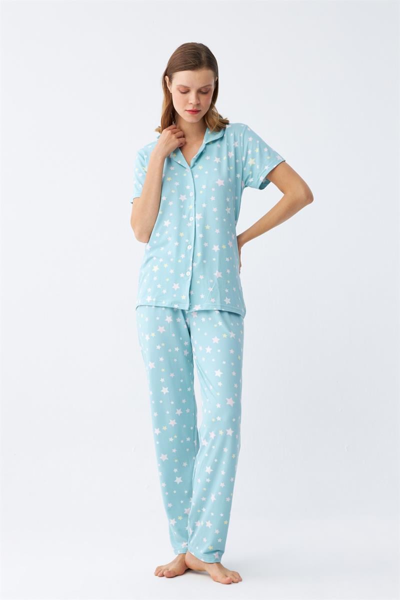 Akbeniz Kadın Buz Mavisi Yıldız Desenli Önden Düğmeli Pijama Takımı