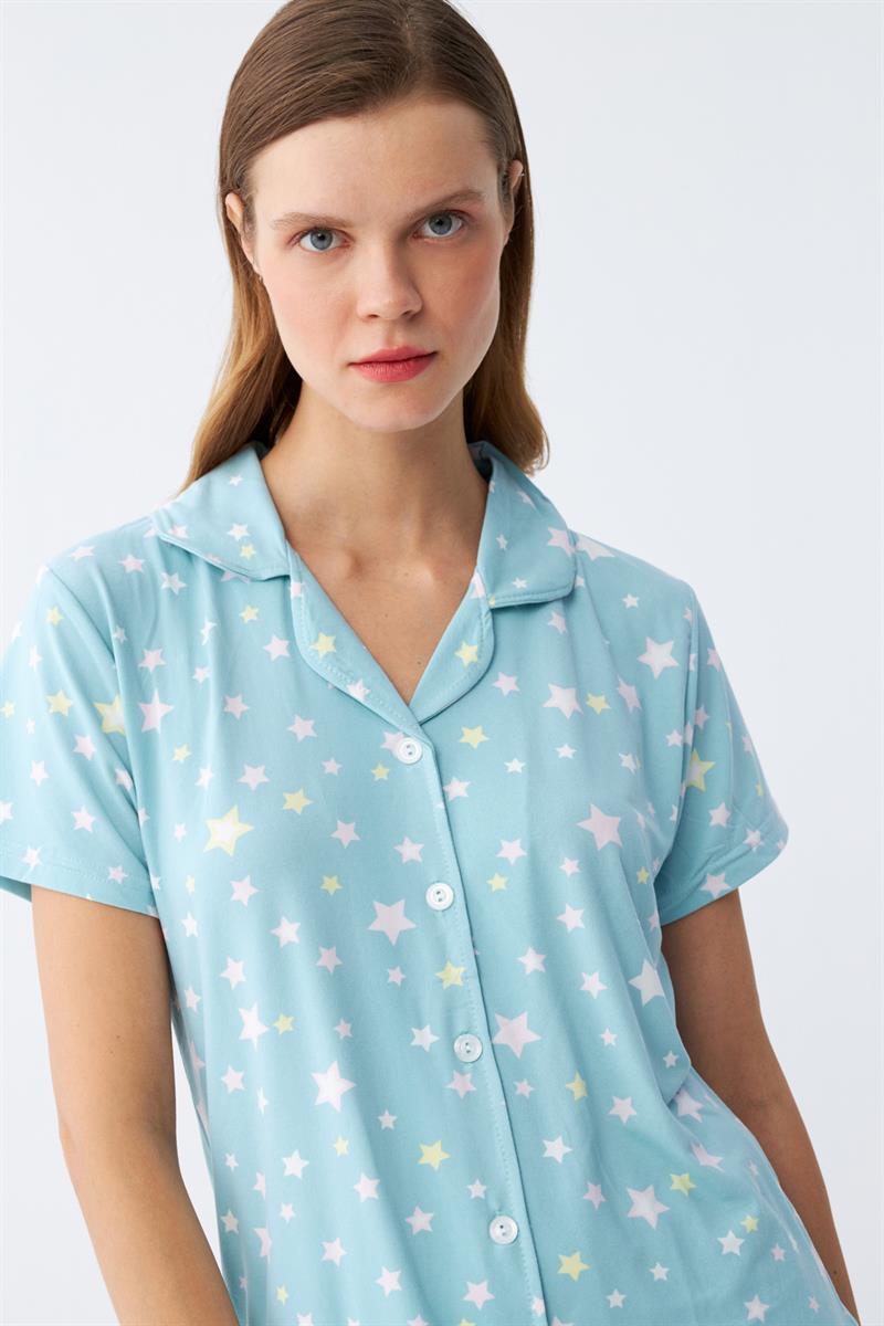 Akbeniz Kadın Buz Mavisi Yıldız Desenli Önden Düğmeli Pijama Takımı