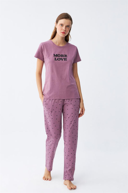 Kadın Mor Yıldız Desenli Kısa Kol Pijama Takımı