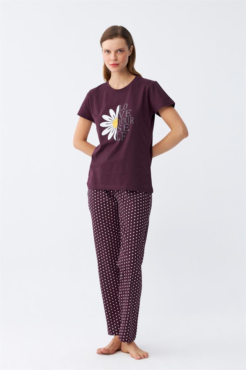Akbeniz Kadın Mürdüm Papatya Baskılı Kısa Kollu Pijama Takımı