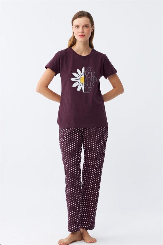 Akbeniz Kadın Mürdüm Papatya Baskılı Kısa Kollu Pijama Takımı