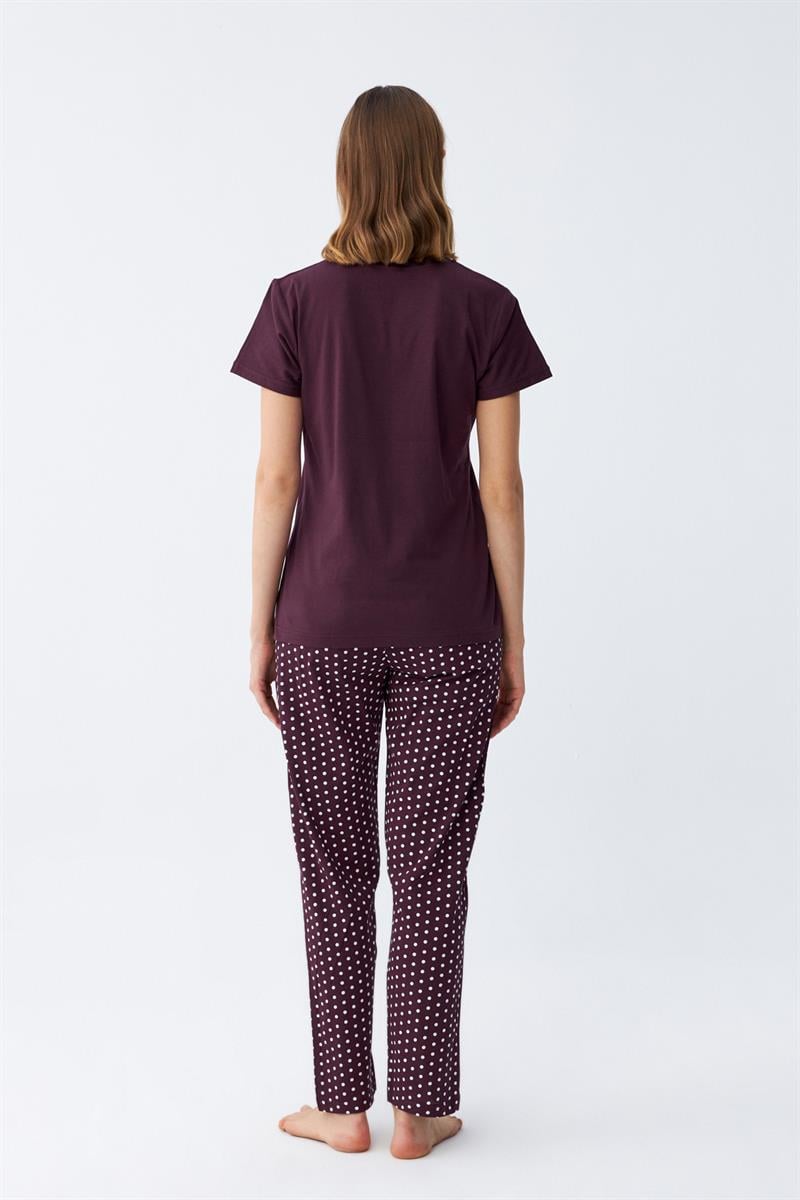 Akbeniz Kadın Mürdüm Papatya Baskılı Kısa Kollu Pijama Takımı