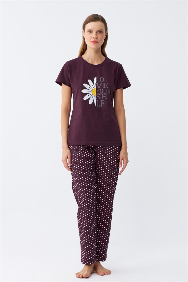 Akbeniz Kadın Mürdüm Papatya Baskılı Kısa Kollu Pijama Takımı