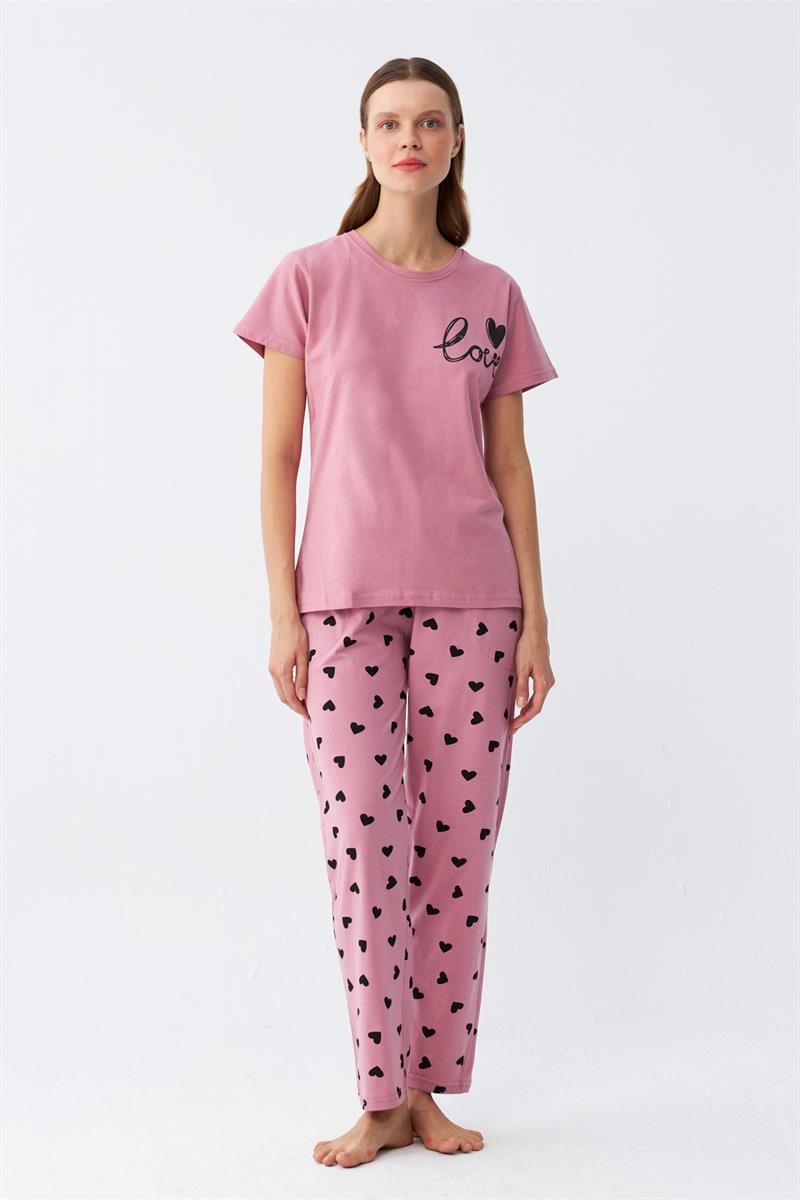 Akbeniz Kadın Somon Kalp Desenli Kısa Kollu Pijama Takımı