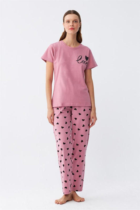 Akbeniz Kadın Somon Kalp Desenli Kısa Kollu Pijama Takımı