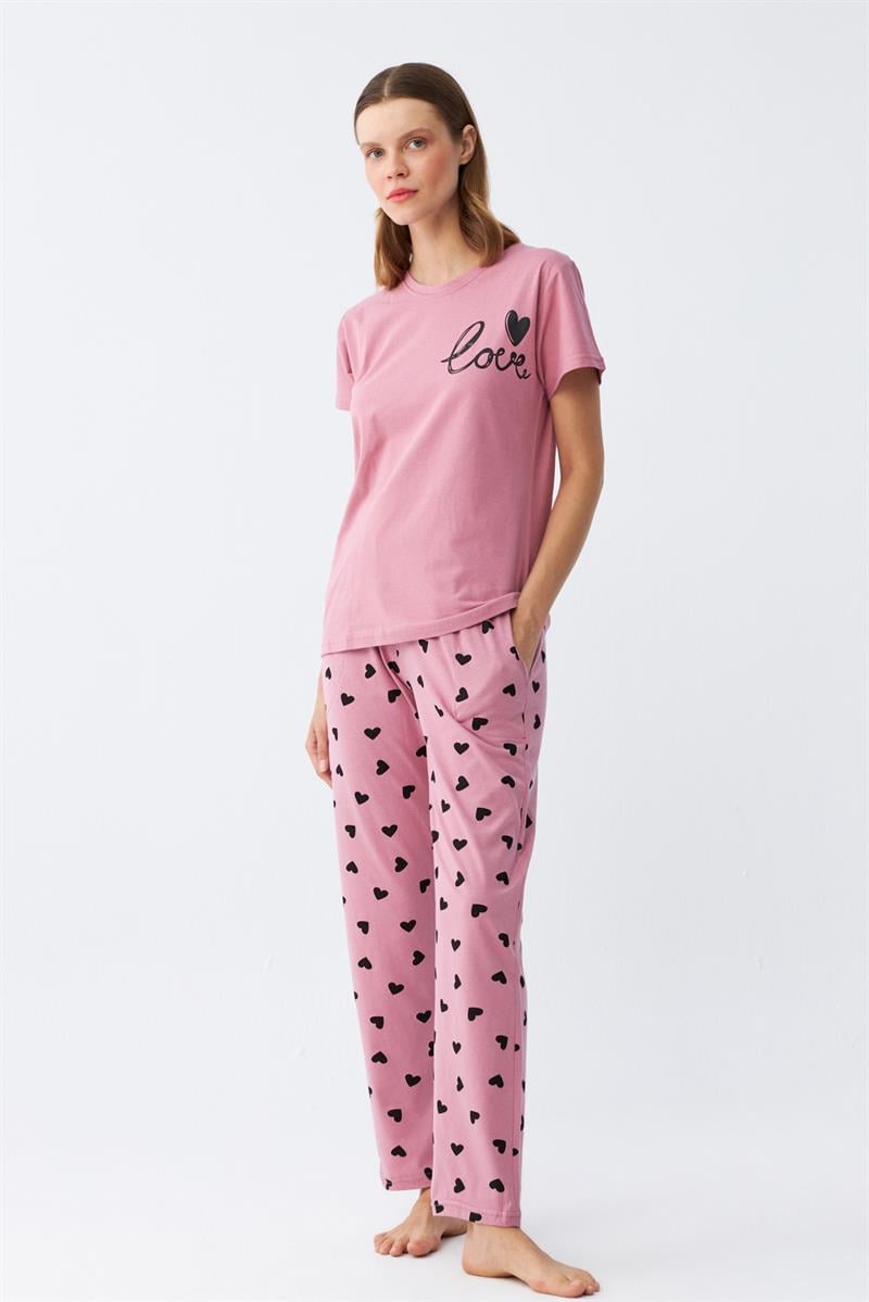 Akbeniz Kadın Somon Kalp Desenli Kısa Kollu Pijama Takımı