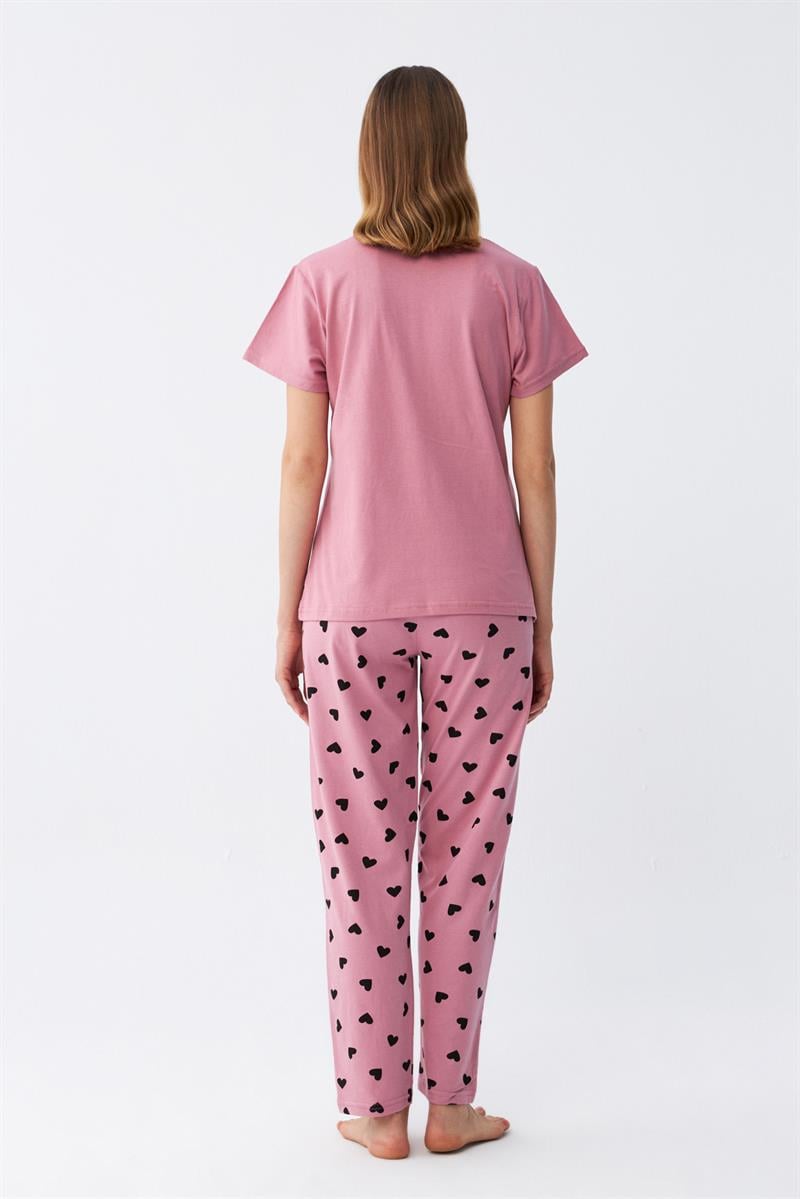 Akbeniz Kadın Somon Kalp Desenli Kısa Kollu Pijama Takımı