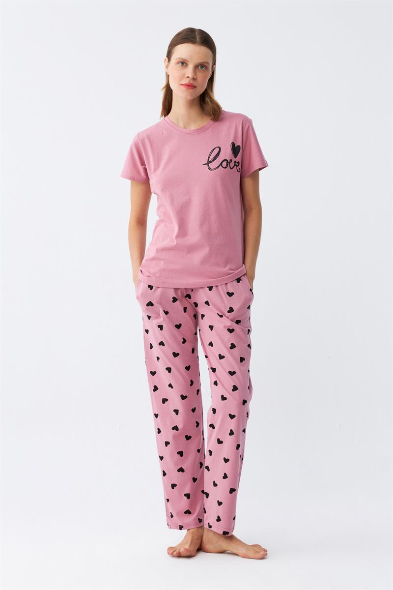 Akbeniz Kadın Somon Kalp Desenli Kısa Kollu Pijama Takımı