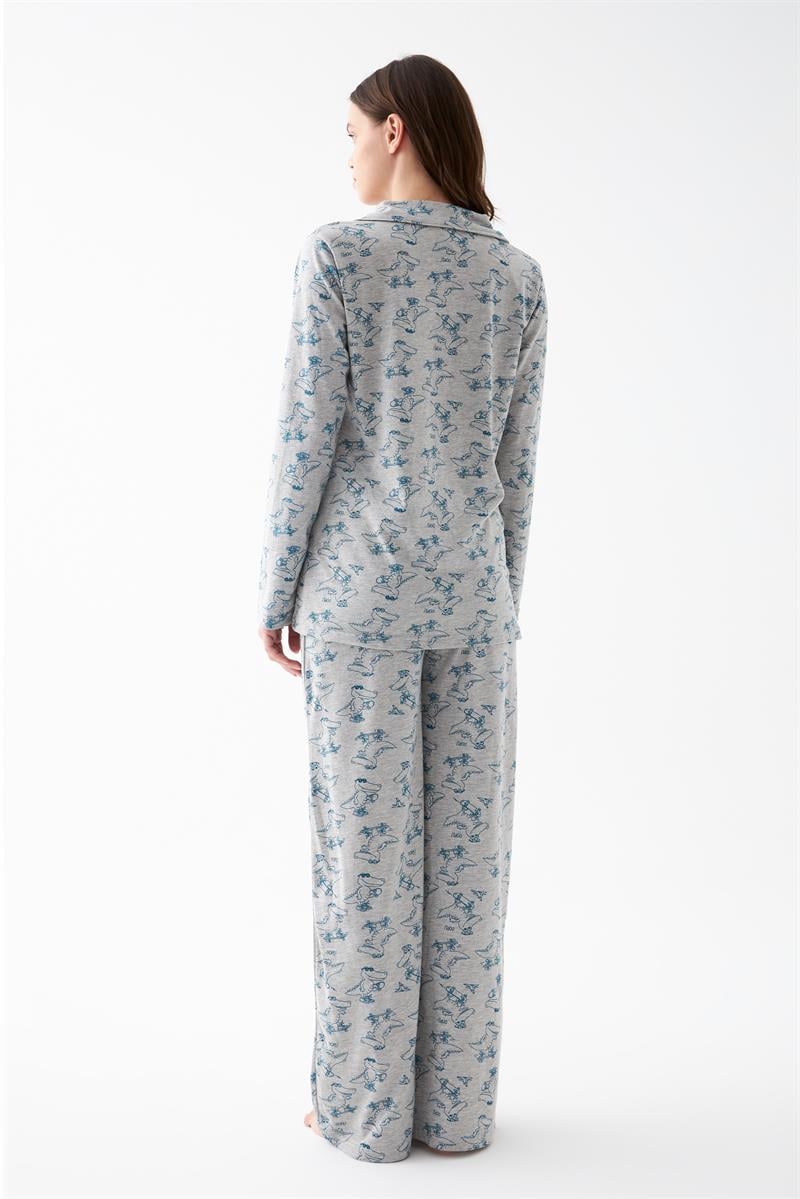 Akbeniz Women's Grey Patterned Cotton Pajama Set