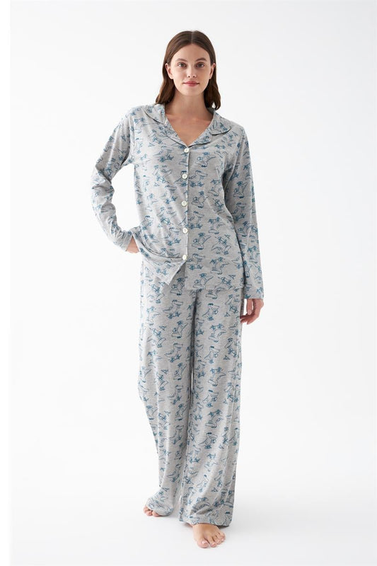 Akbeniz Women's Gray Patterned Button-Up Cotton Pajama Set