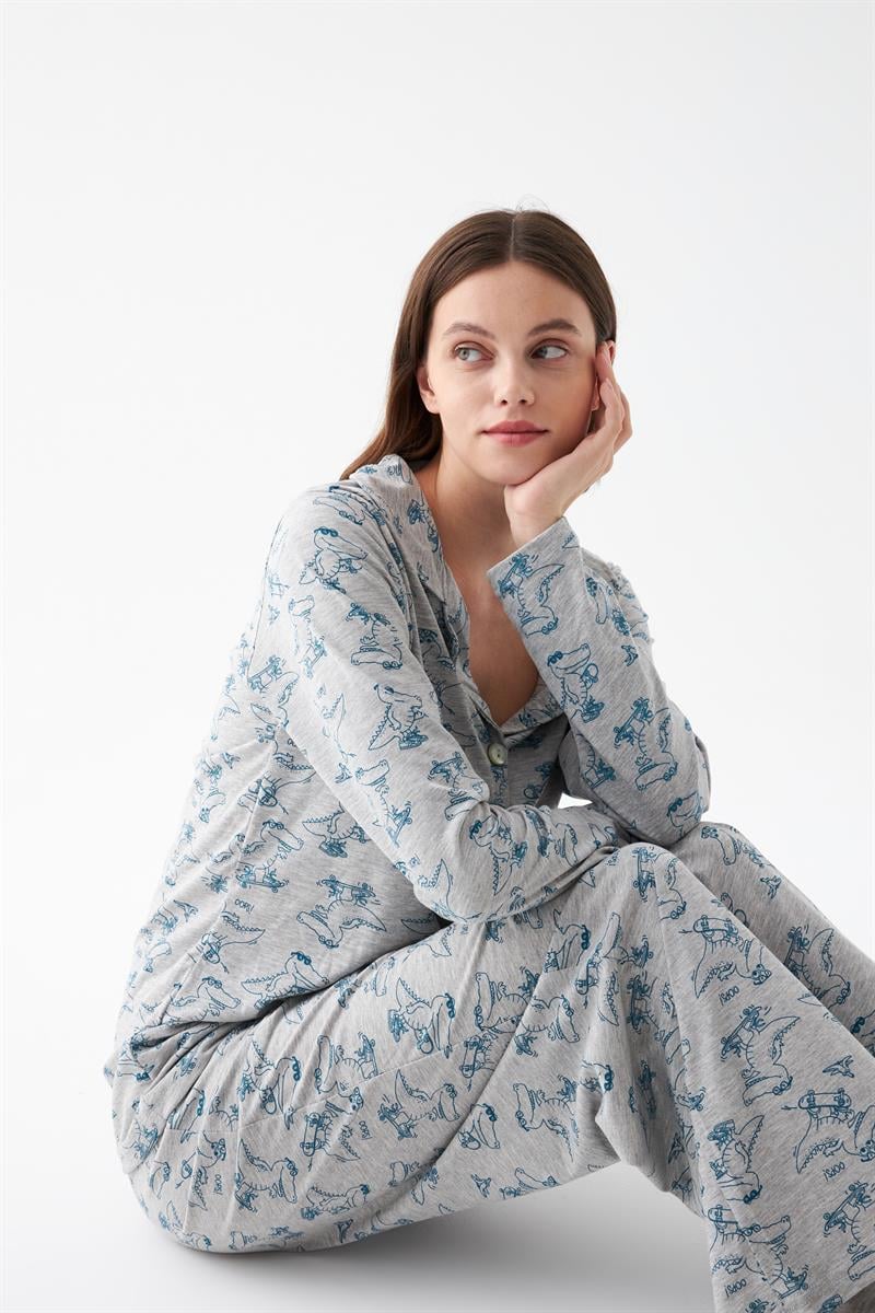 Akbeniz Women's Grey Patterned Cotton Pajama Set