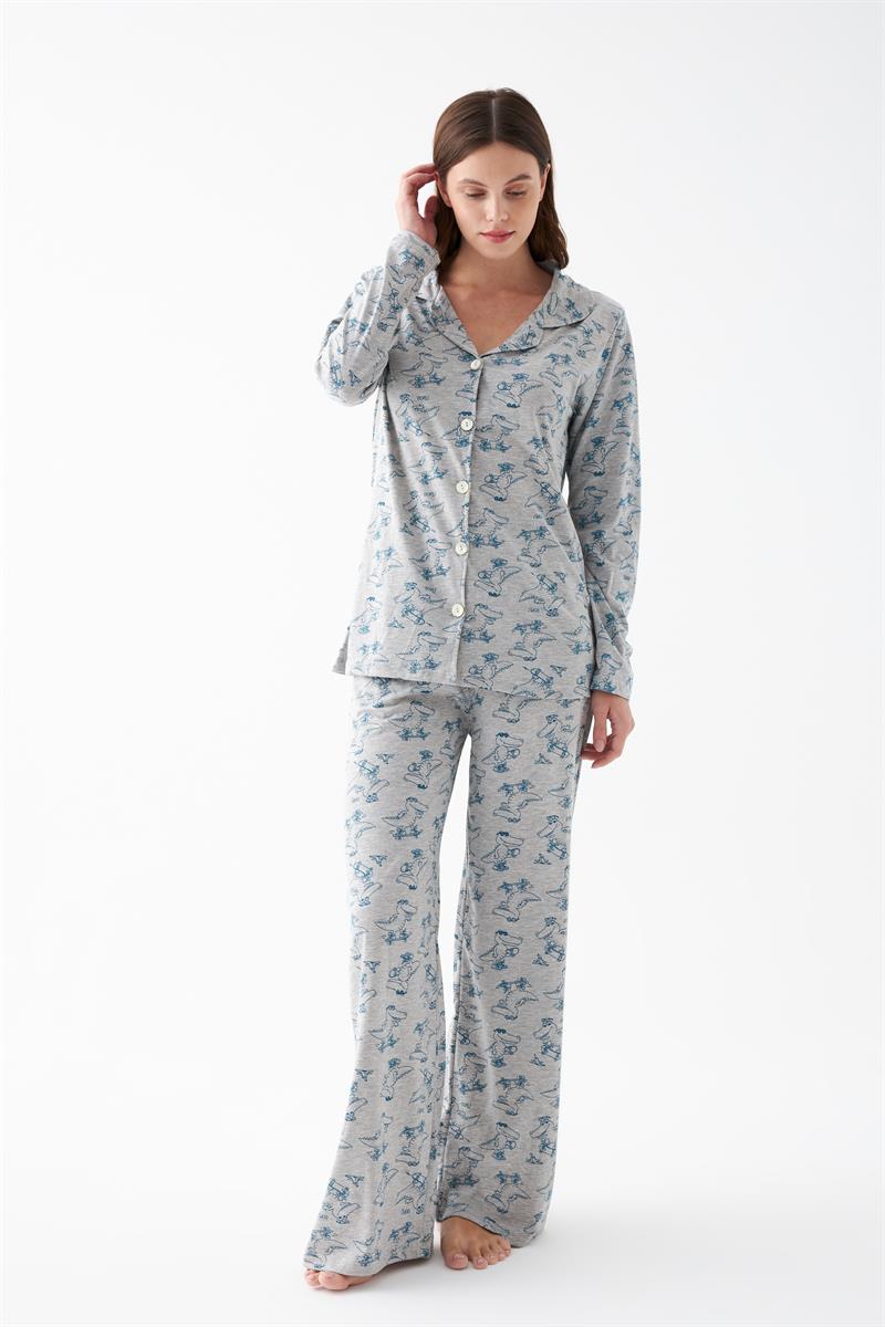 Akbeniz Women's Gray Patterned Knotted Cotton Pajama Set