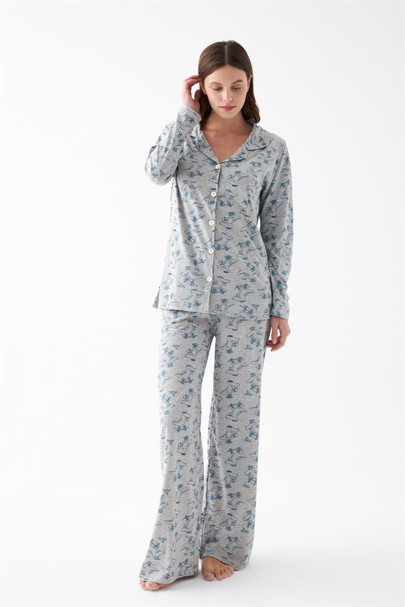 Akbeniz Women's Grey Patterned Cotton Pajama Set