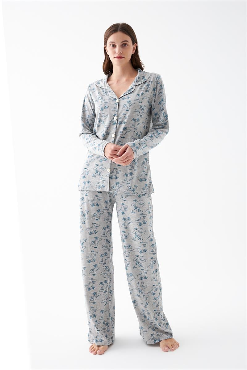 Akbeniz Women's Gray Patterned Button-Up Cotton Pajama Set