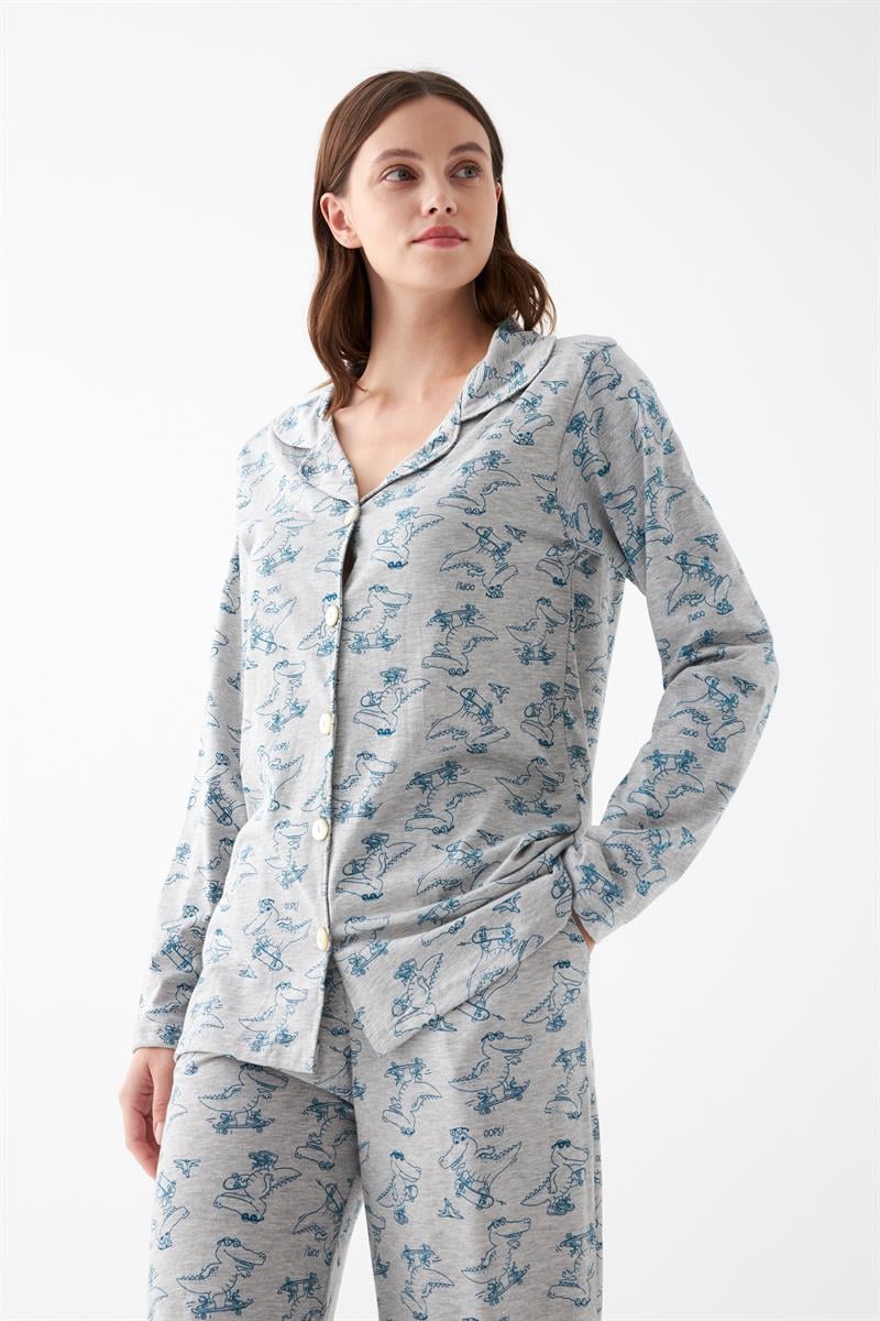 Akbeniz Women's Gray Patterned Button-Up Cotton Pajama Set