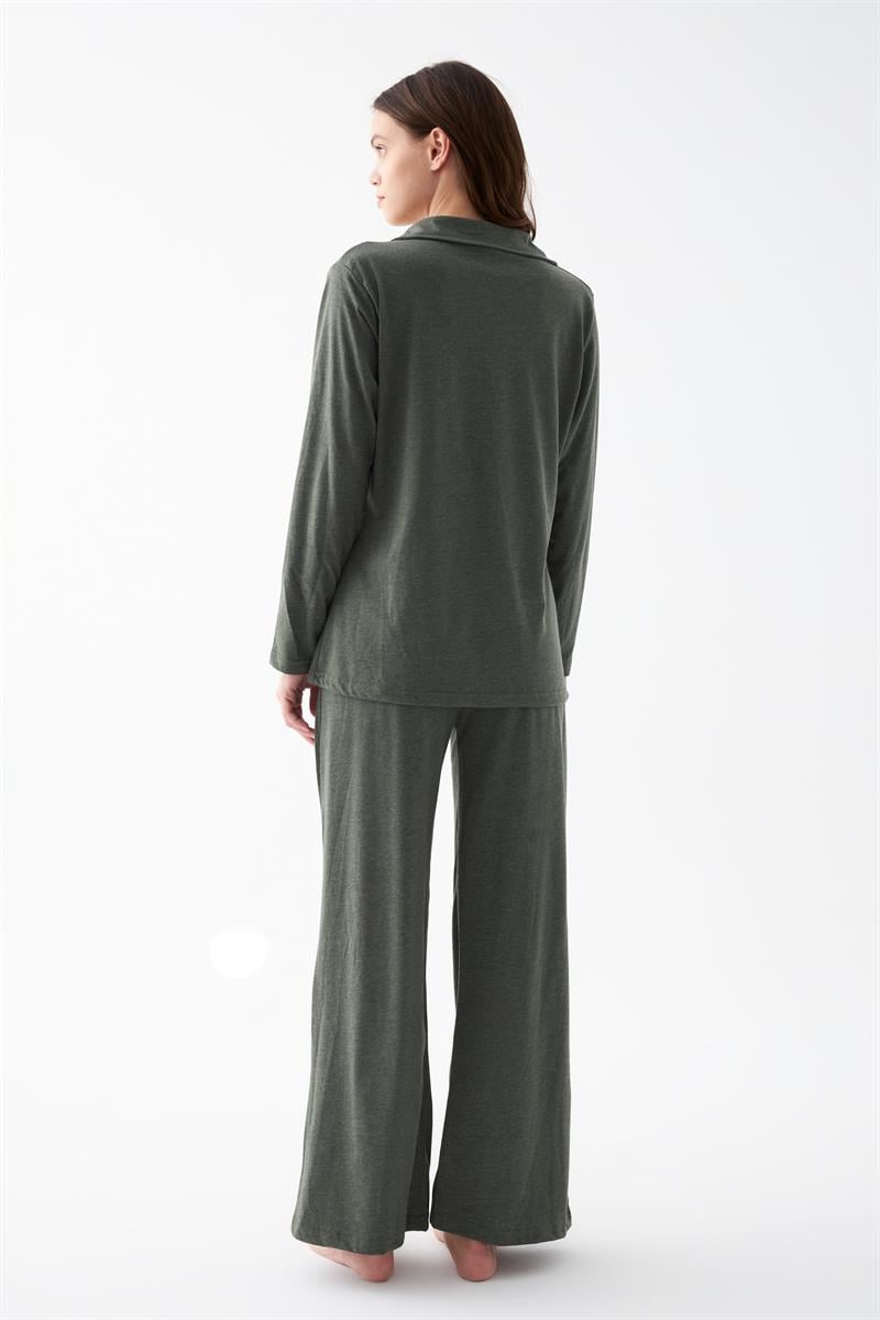 Akbeniz Women's Olive Green Buttoned Pocket Cotton Pajama Set