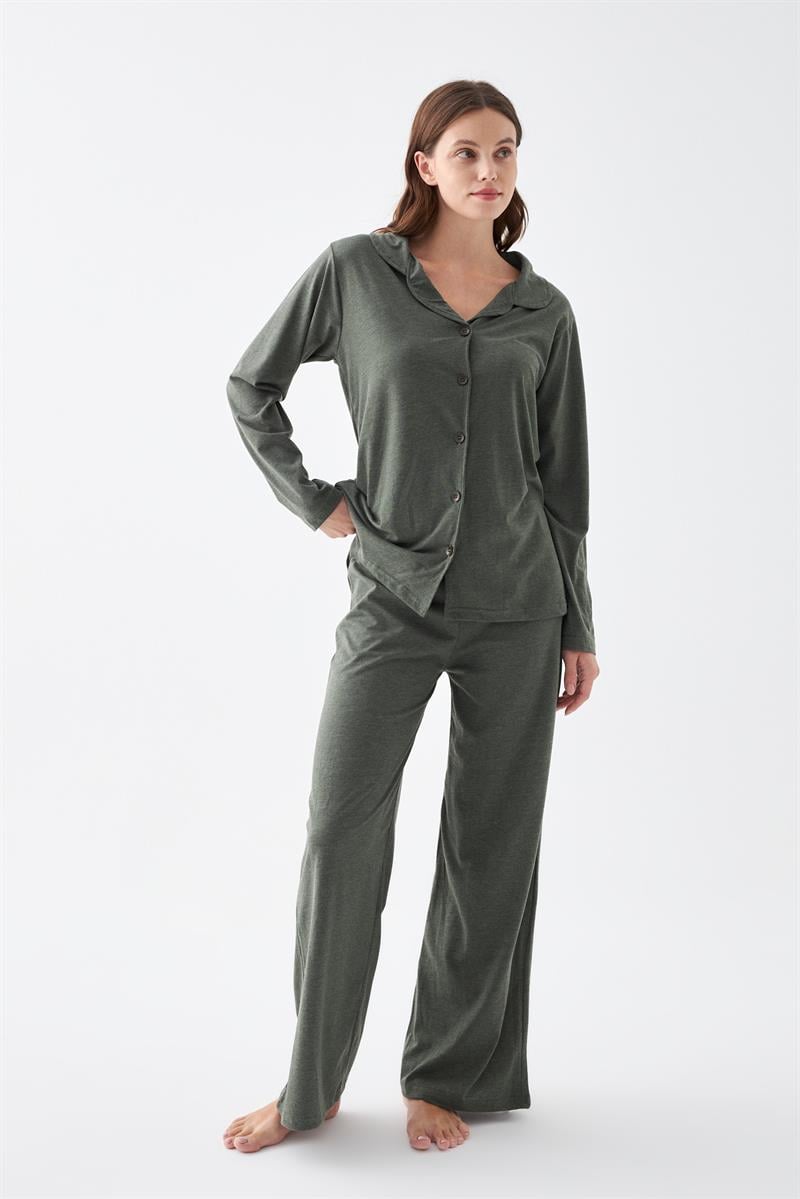 Akbeniz Women's Olive Green Buttoned Pocket Cotton Pajama Set