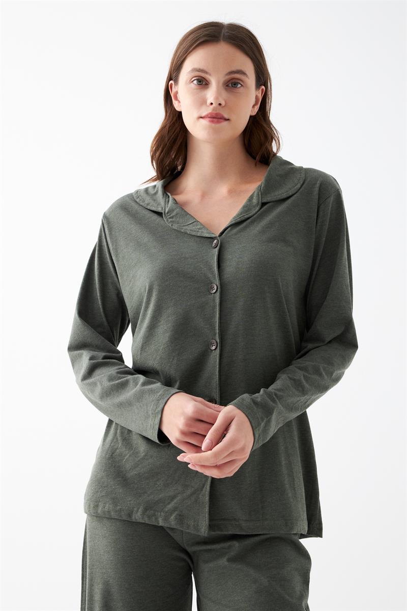 Akbeniz Women's Olive Green Buttoned Pocket Cotton Pajama Set