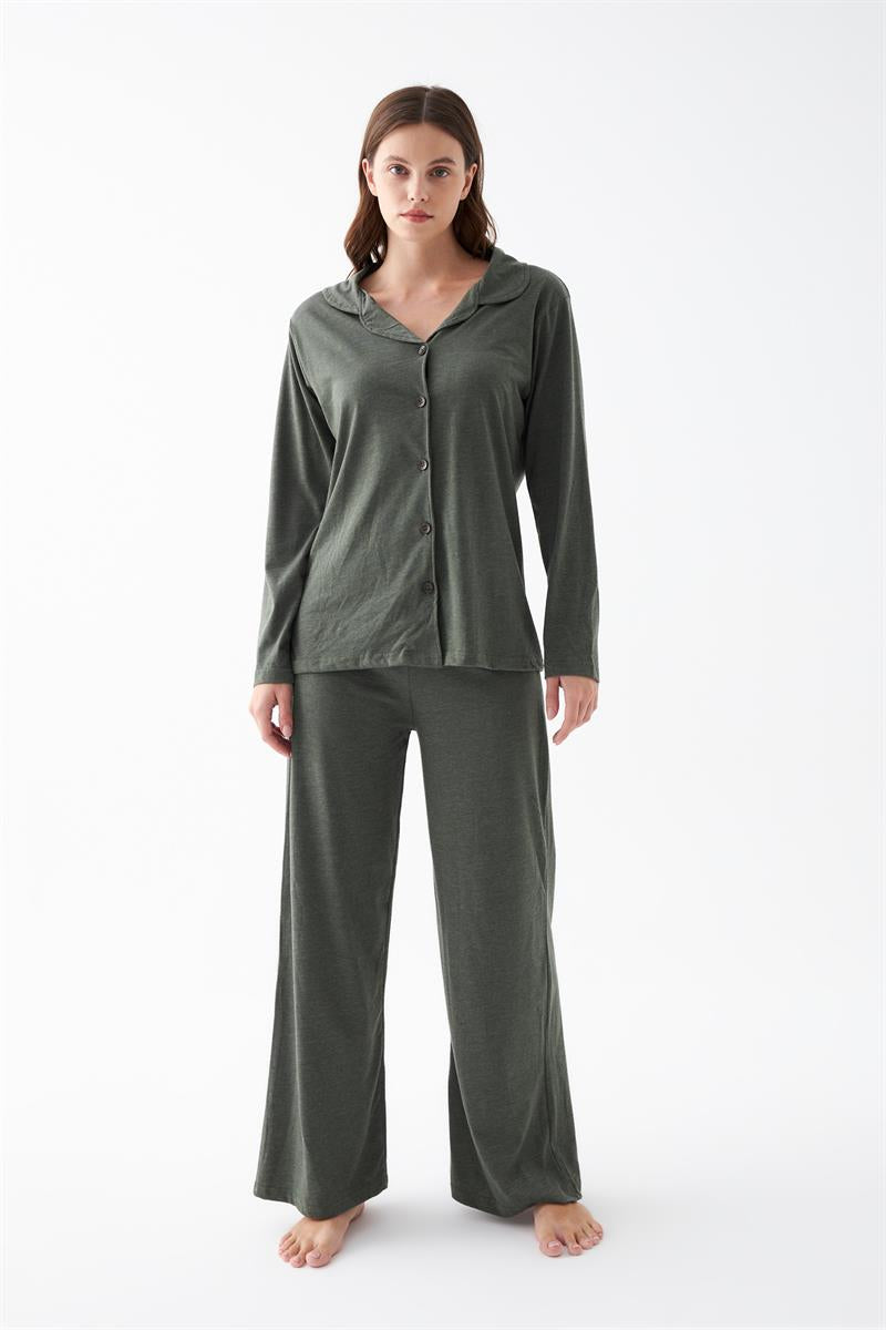 Akbeniz Women's Olive Green Buttoned Cotton Pajama Set