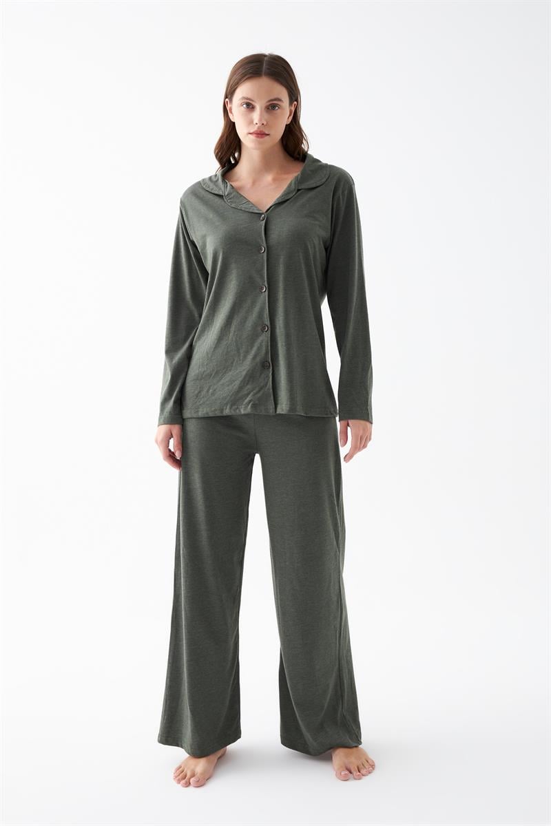Akbeniz Women's Olive Green Buttoned Cotton Pajama Set