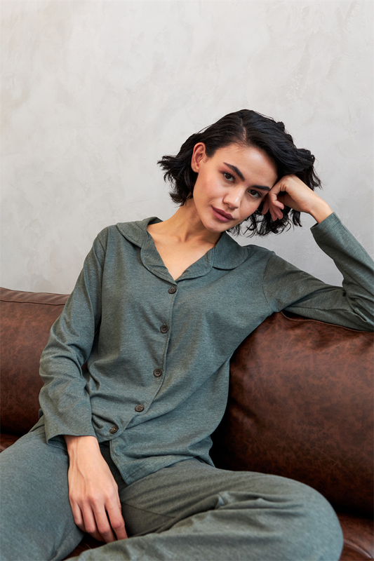 Akbeniz Women's Olive Green Buttoned Cotton Pajama Set