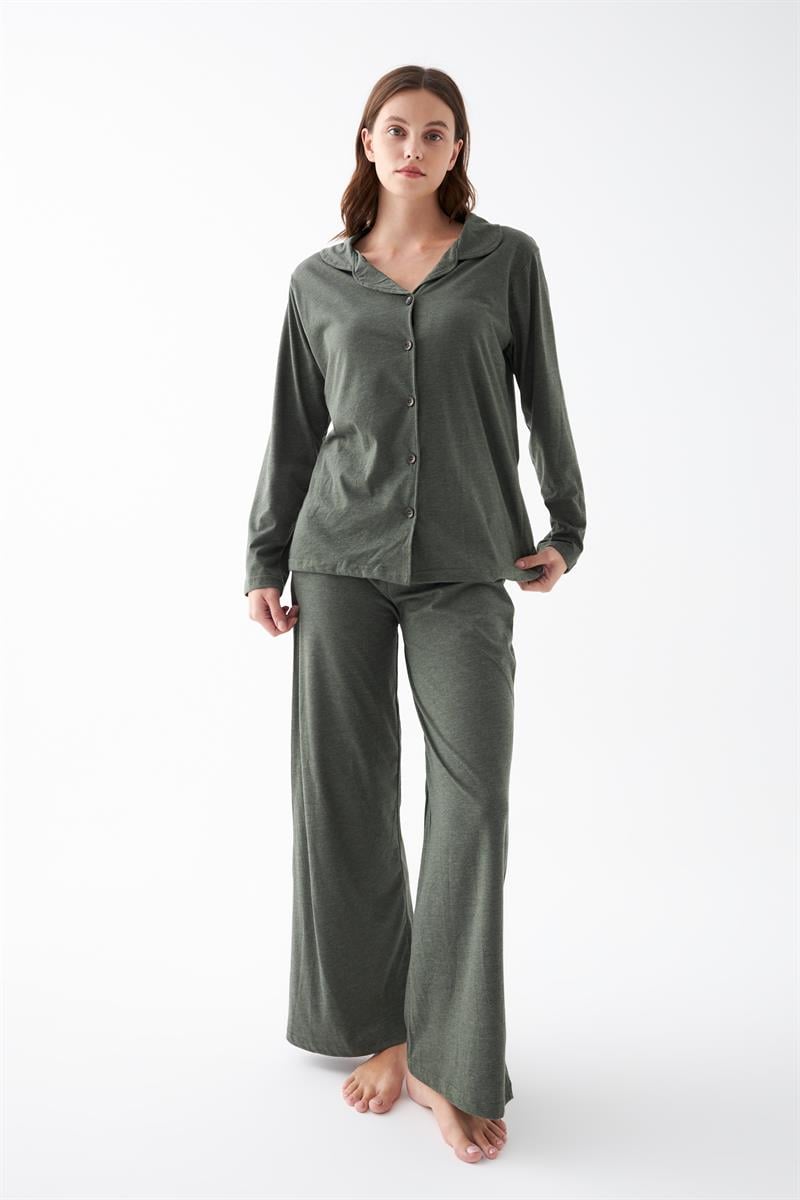 Akbeniz Women's Olive Green Buttoned Cotton Pajama Set