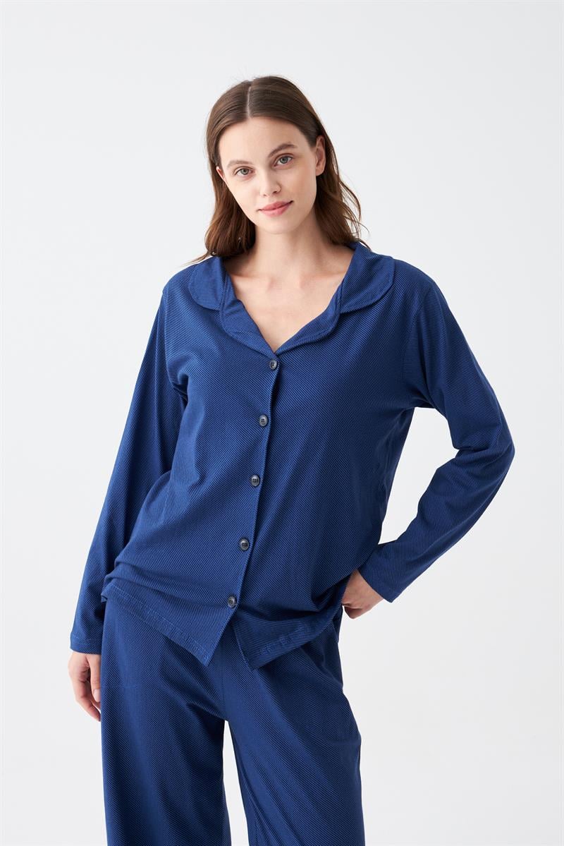 Akbeniz Women's Navy Blue Buttoned Collar Cotton Pajama Set