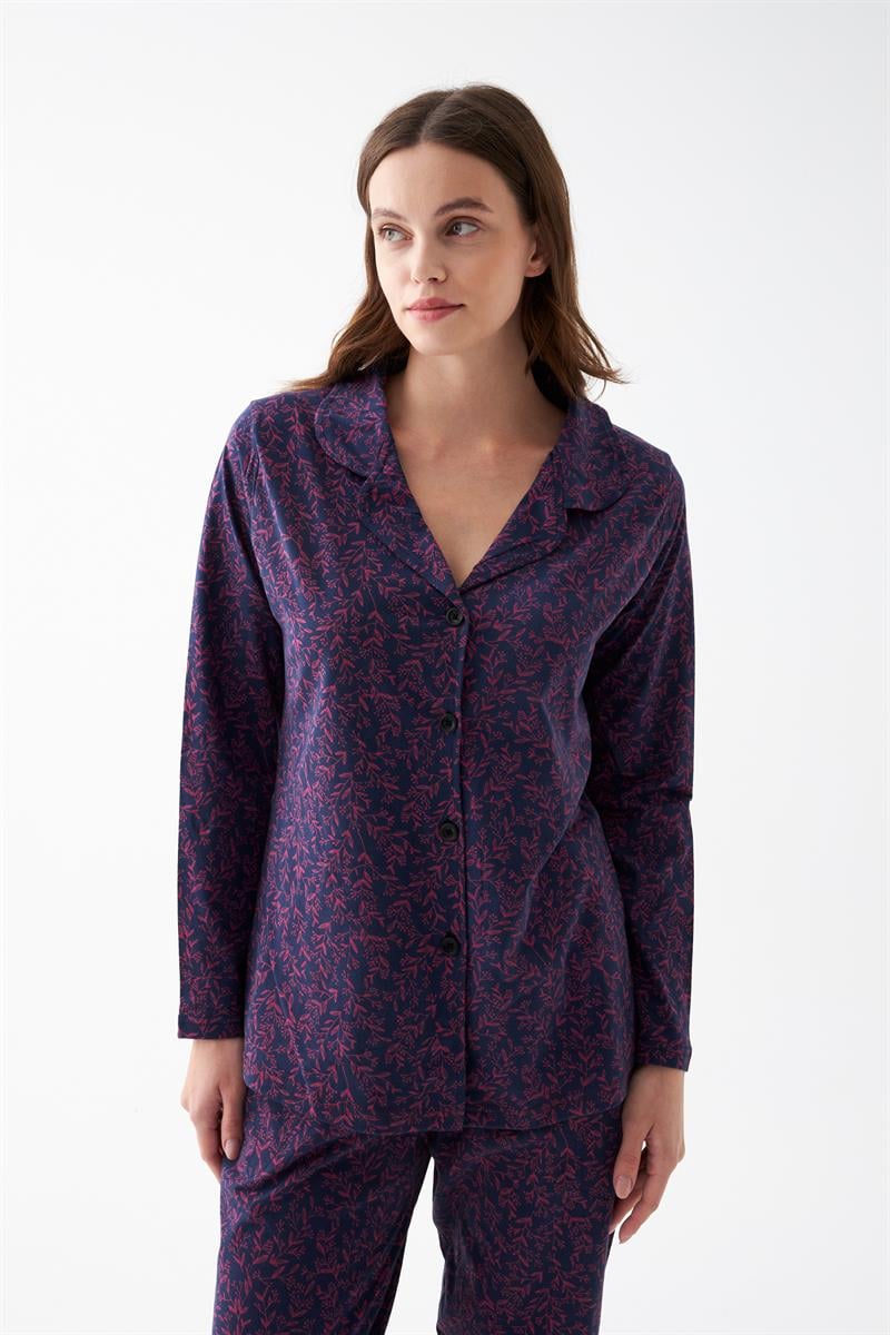 Akbeniz Women's Navy Blue Button-Down Collar Detailed Patterned Cotton Pajama Set