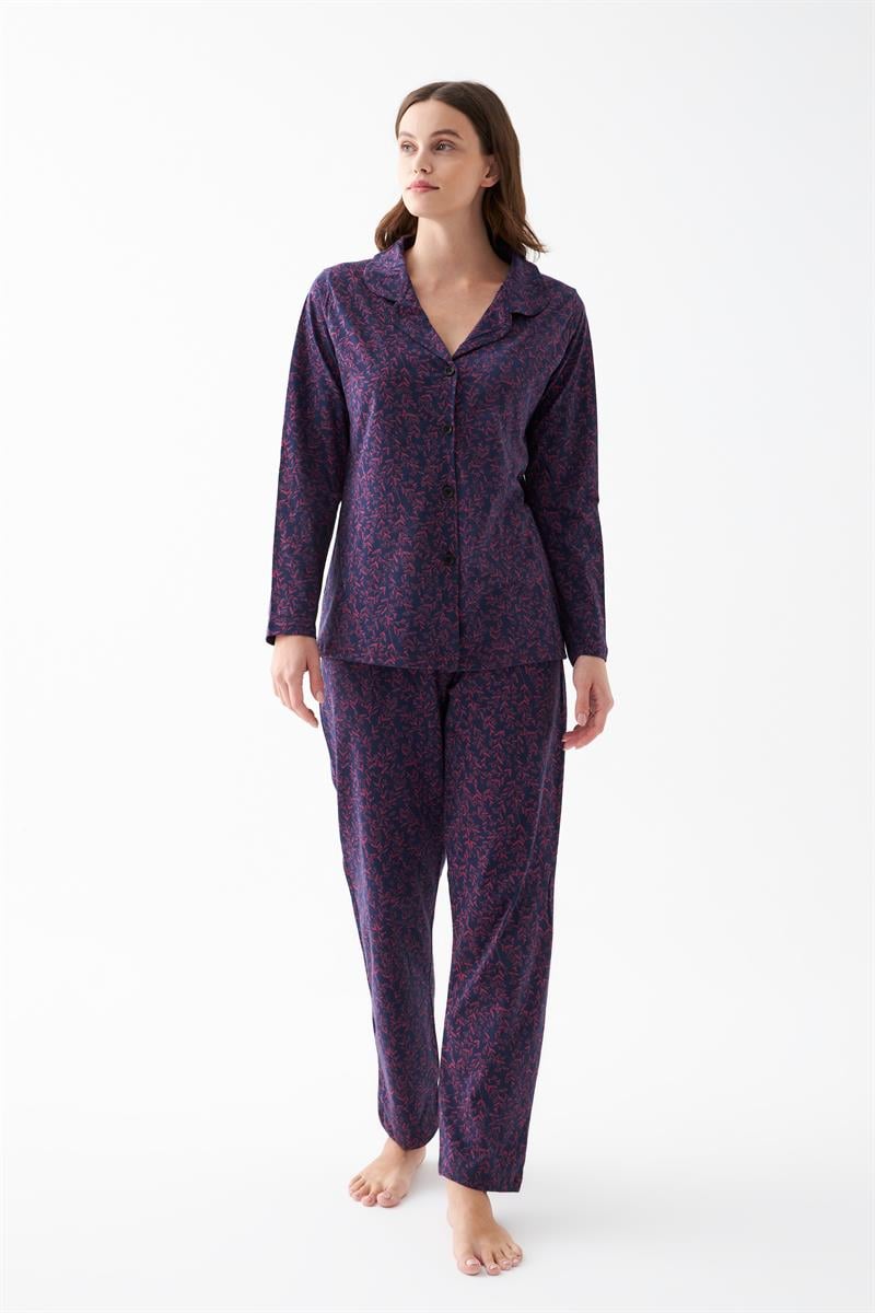 Akbeniz Women's Navy Blue Button-Down Collar Detailed Patterned Cotton Pajama Set