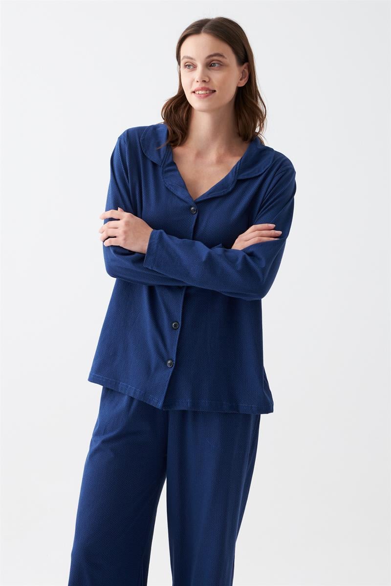 Akbeniz Women's Navy Blue Buttoned Collar Cotton Pajama Set