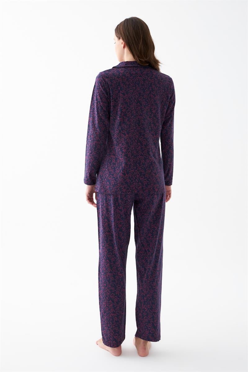 Akbeniz Women's Navy Blue Button-Down Collar Detailed Patterned Cotton Pajama Set