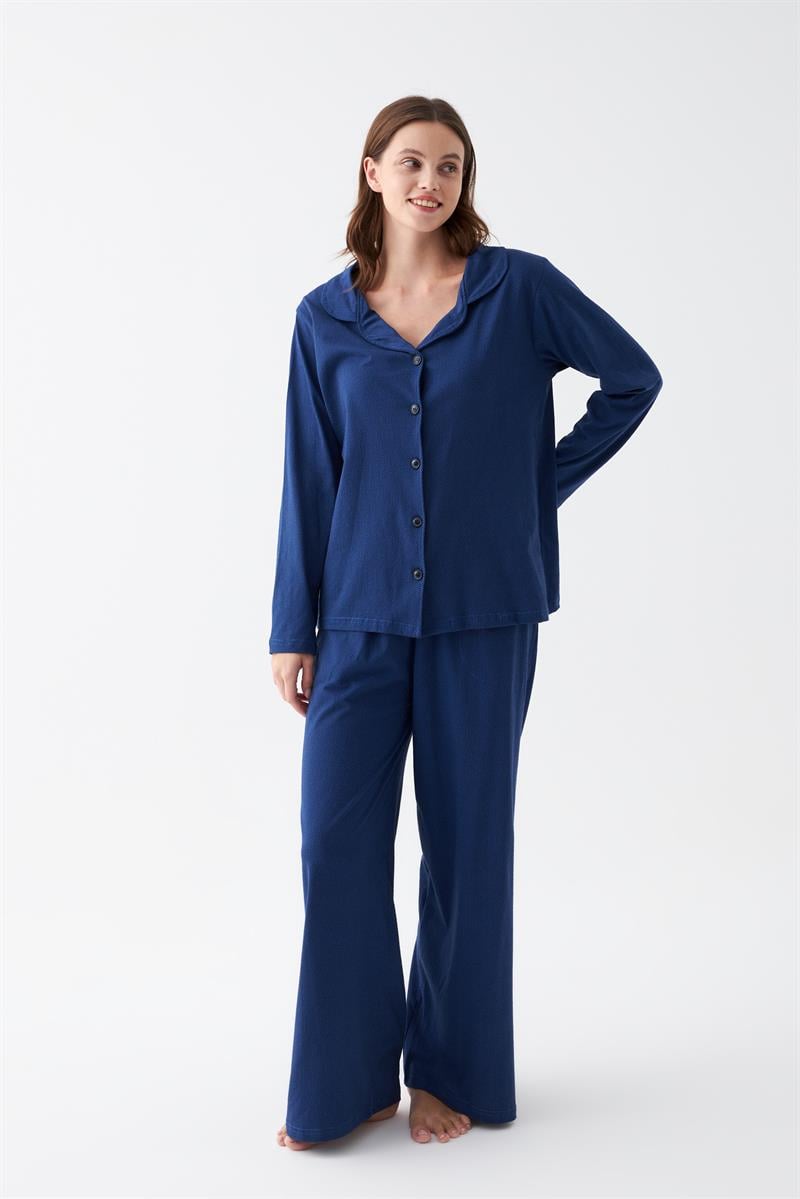 Akbeniz Women's Navy Blue Buttoned Collar Cotton Pajama Set