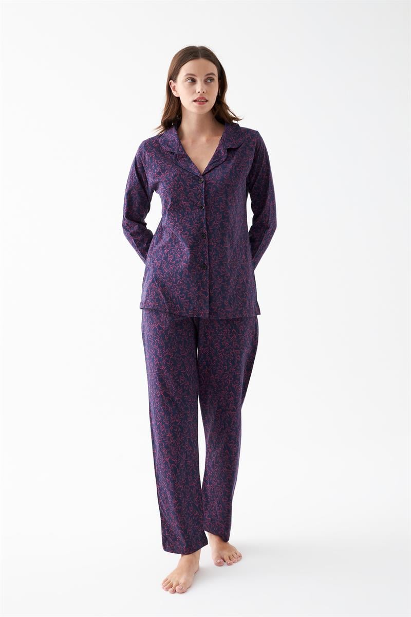 Akbeniz Women's Navy Blue Button-Down Collar Detailed Patterned Cotton Pajama Set