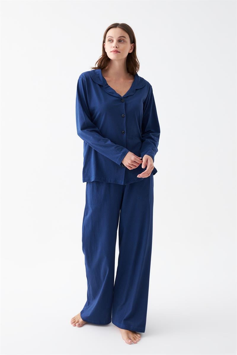 Akbeniz Women's Navy Blue Buttoned Collar Cotton Pajama Set