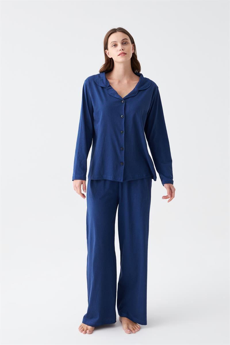 Akbeniz Women's Navy Blue Buttoned Collar Cotton Pajama Set
