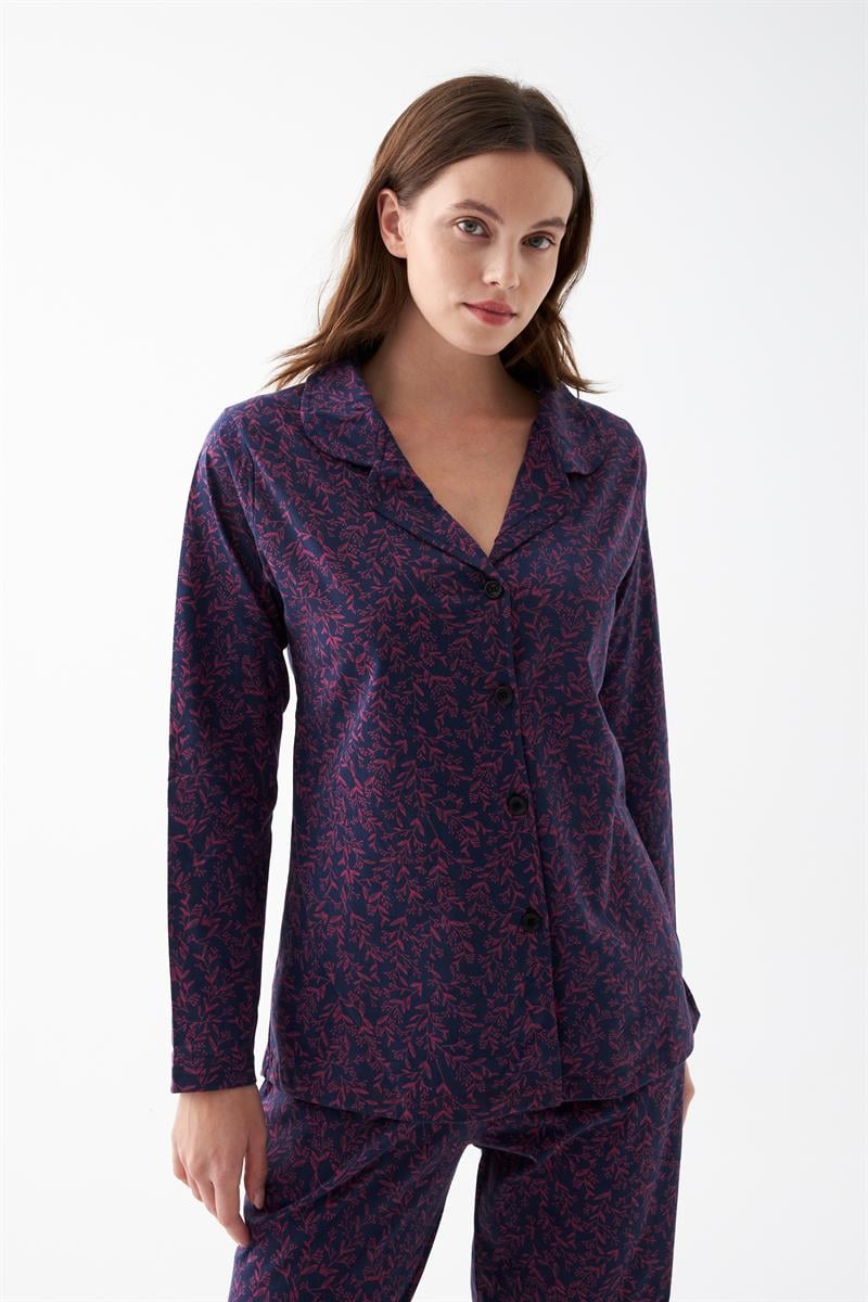 Akbeniz Women's Navy Blue Button-Down Collar Detailed Patterned Cotton Pajama Set