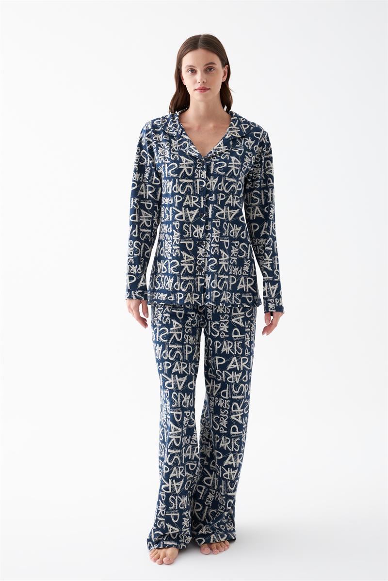Akbeniz Women's Navy Blue 'Paris' Print Button-Up Cotton Pajama Set