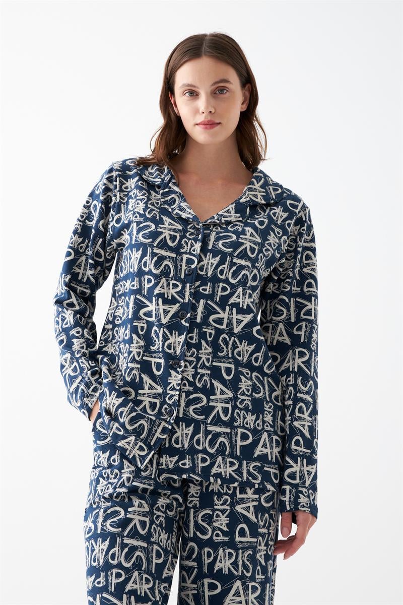 Akbeniz Women's Navy Blue 'Paris' Print Button-Up Cotton Pajama Set