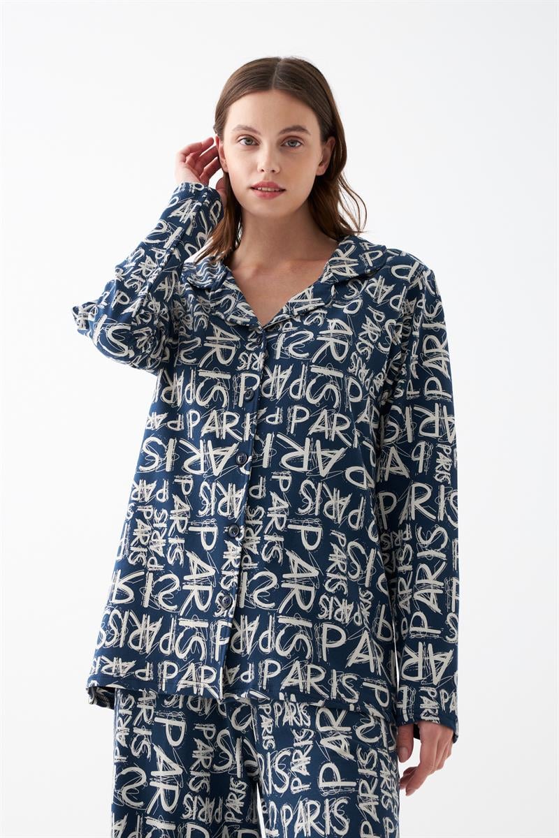 Akbeniz Women's Navy Blue 'Paris' Print Button-Up Cotton Pajama Set
