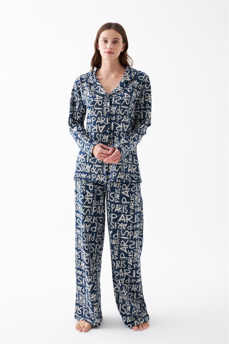 Akbeniz Women's Navy Blue 'Paris' Print Button-Up Cotton Pajama Set