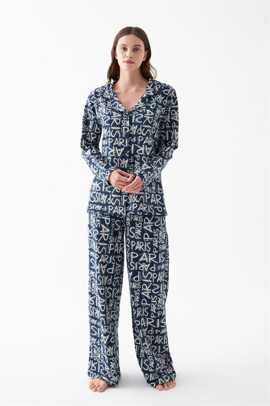 Akbeniz Women's Navy Blue 'Paris' Print Button-Up Cotton Pajama Set