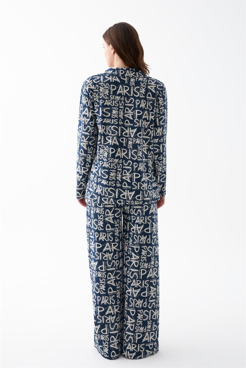 Akbeniz Women's Navy Blue 'Paris' Print Button-Up Cotton Pajama Set
