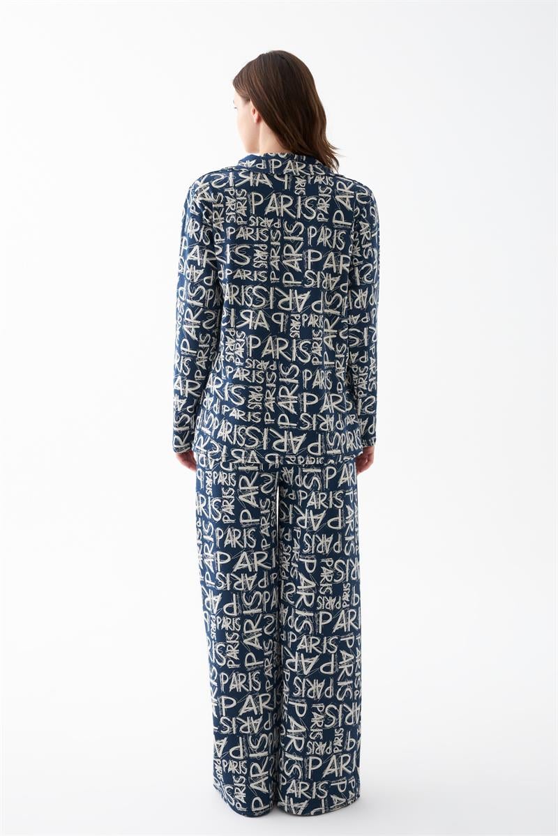 Akbeniz Women's Navy Blue 'Paris' Print Button-Up Cotton Pajama Set