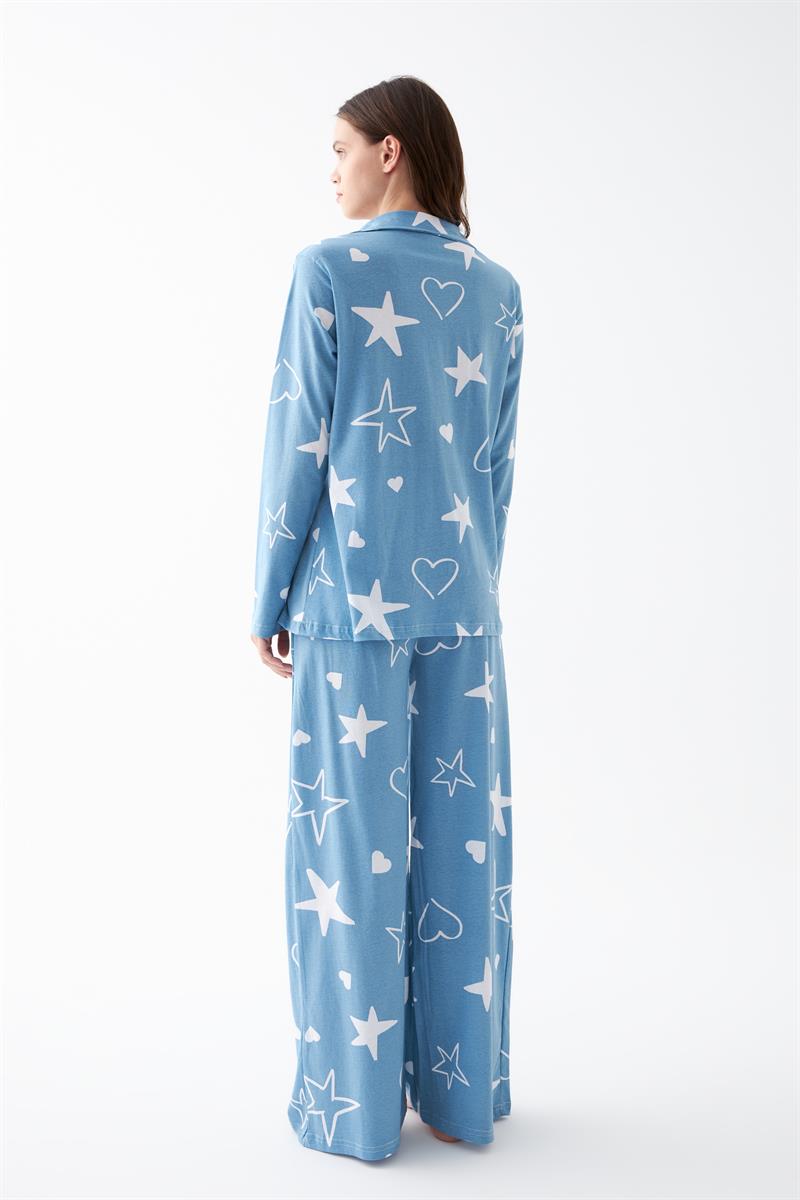 Akbeniz Women's Blue Star Patterned Buttoned Cotton Pajama Set