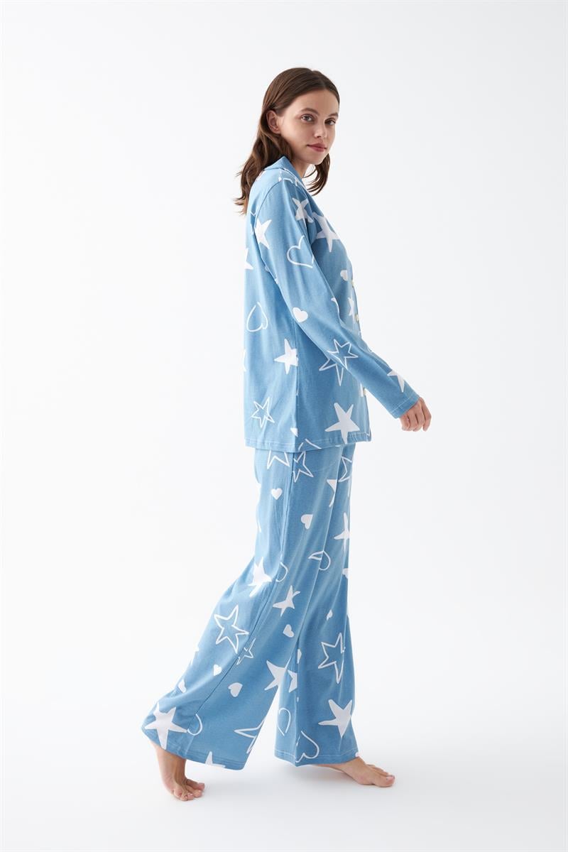 Akbeniz Women's Blue Star Patterned Buttoned Cotton Pajama Set