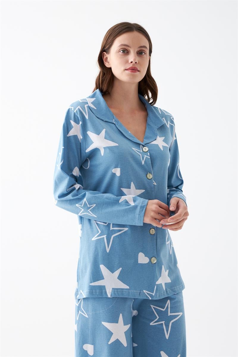 Akbeniz Women's Blue Star Patterned Buttoned Cotton Pajama Set