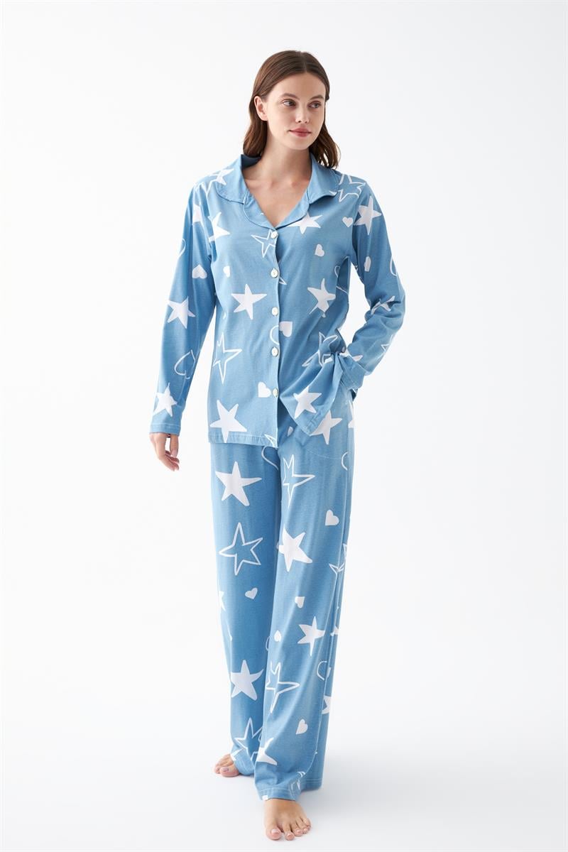 Akbeniz Women's Blue Star Patterned Buttoned Cotton Pajama Set