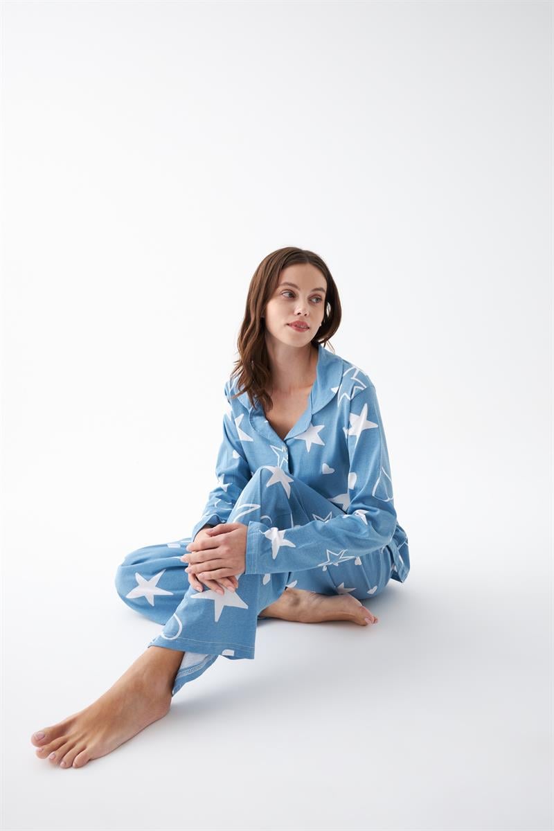 Akbeniz Women's Blue Star Patterned Buttoned Cotton Pajama Set